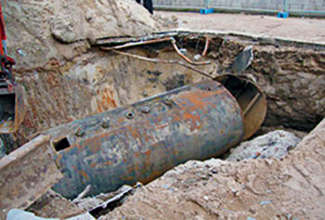 A blown out underground storage tank