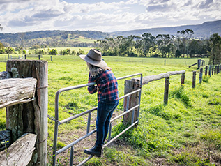 Young person standing on a gate on a farm
