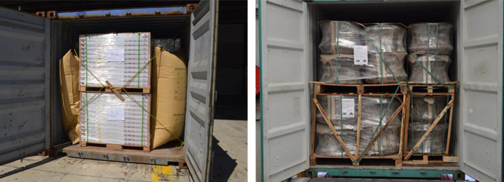 Images of containers with bulky items loaded on pallets and stacked