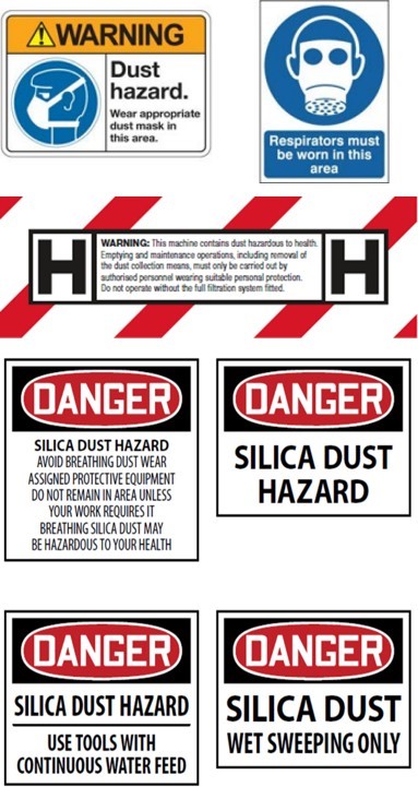 Image of different dust warning signs, including: Warning – dust hazard; Wear appropriate dust mask in this area. Respirators must be worn in this area. Warning: this machine contains dust hazardous to health. Emptying and maintaintence operations, including removal or the dust collection means, must only be carried out by authorised personeel wearing suitable personal protection. Do not operate without the full filtration system fitted; Danger – silica dust hazard.