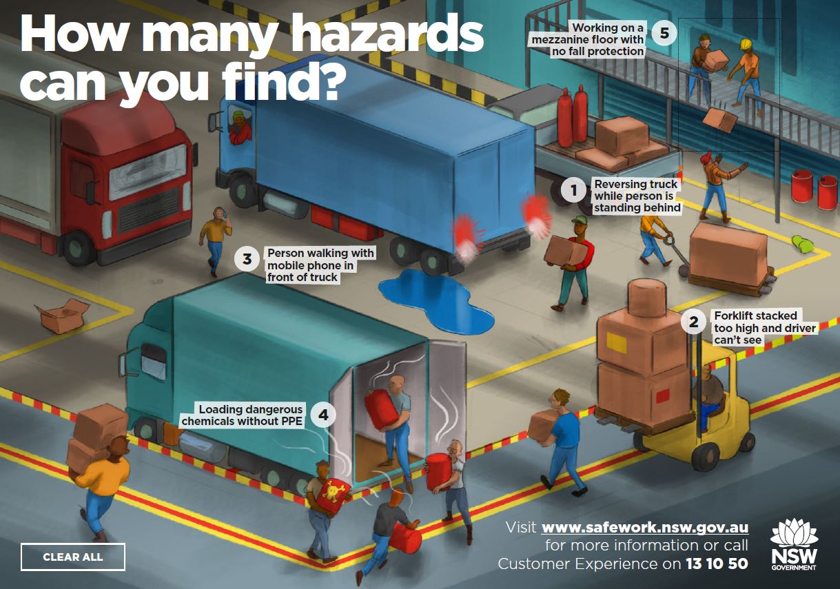 Image of a truckyard with five safety hazards