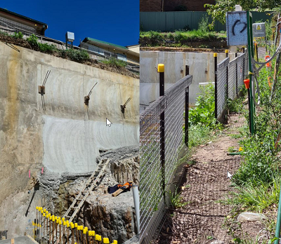 Two pictures side-by-side of a worksite including a seven metre drop