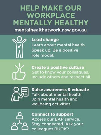 An infographic explaining ways to help make workplaces mentally healthy - lead change, create a positive culture, raise awareness and educate, and connect to support