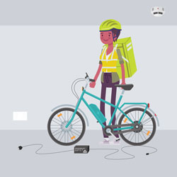 An illustration of a worker next to an e-bike, with a charger nearby.