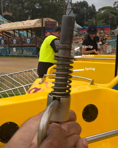 Hurricane style amusement ride showing the inner components (pin, spring, circlip and washer) of the locking handle