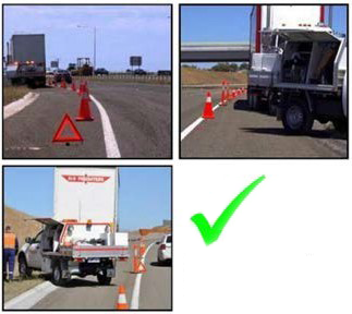 Three photos of bollards and traffic cones used to isolate a broken down truck from traffic