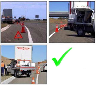 Three photos of bollards and traffic cones used to isolate a broken down truck from traffic 
