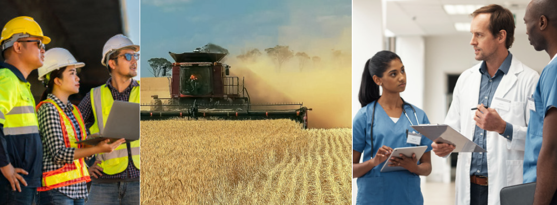A collage of three images. Image one contains three workers wearing high vis PPE, the second image contains a harvester in an agricultural setting, the third contains three workers having a conversation in a healthcare setting.