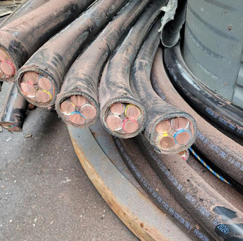 Five large industrial cable cut in half, revealing contaminated lead inside. The cables are stacked in a row on the ground.