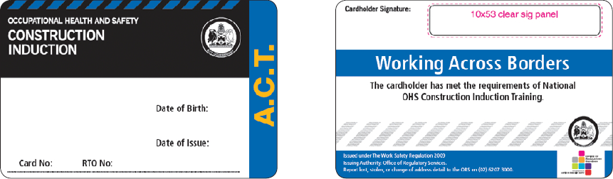 Sample ACT construction induction card (1 September 2009 – 31 December 2011)
