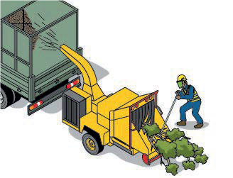 An illustration of a worker using a push stick and standing alongside the woodchipper