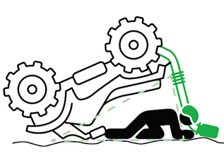A diagram of a person underneath an upturned quadbike
