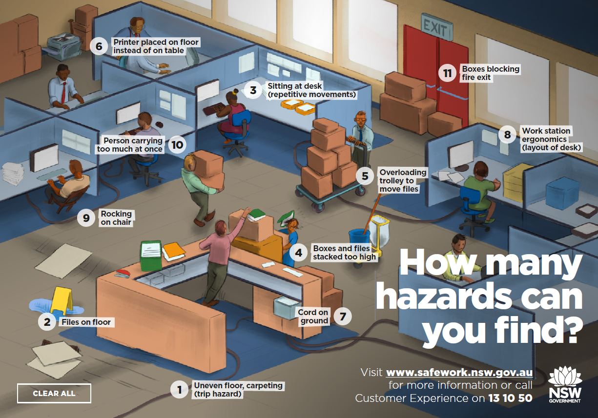 Image of an office with 11 safety hazards