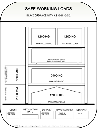 Figure 1: A typical safe working load sign. Note: Changes to the racking configuration alters the safe working loads. Obtain prior approval from supplier. Note: Rated capacity in this case is based to a unit load of 1200kg on a standard pallet. For uneven loads where a large load is only supported at two or three points, refer to the supplier to determine whether the racking is capable of supporting that load.