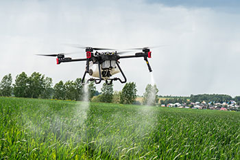 Two farmers standing waist-deep in a green crop field under a blue sky, launching a drone into the air to monitor their farmland.