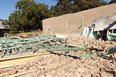 A collapsed wall on a building site. 