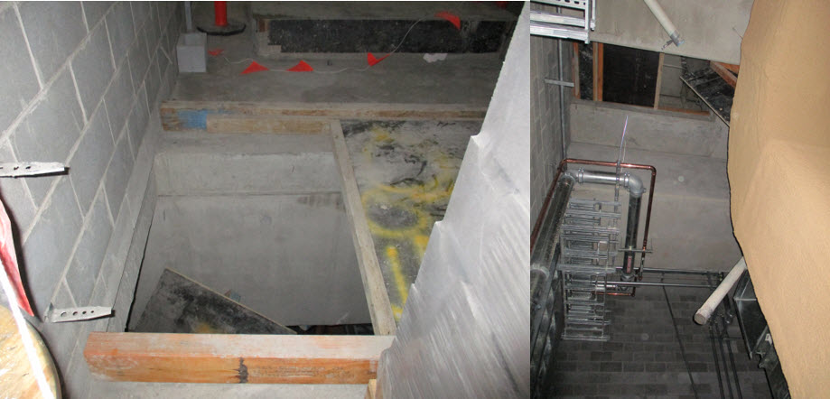 Pic 1 & 2. View of open penetration from the plant room where the worker has fallen through and view from the level below looking up at the opening.