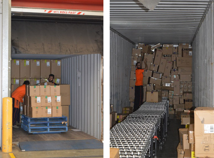 Images of workers stacking boxes from container onto pallets and unloading with manual conveyor