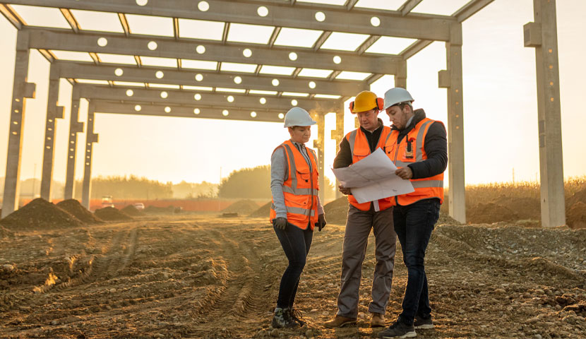 A group of workers outdoors wearing high vis and helmets.